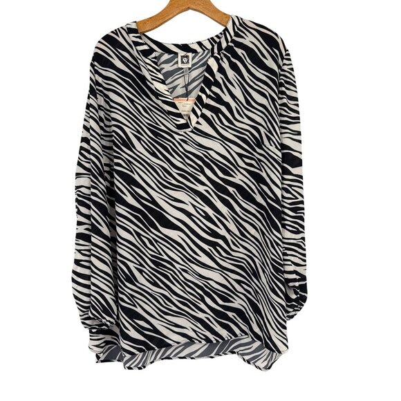 Anne Klein Womens Zebra Print split Neck Blouse size 2X plus black new $89 - Picture 2 of 8